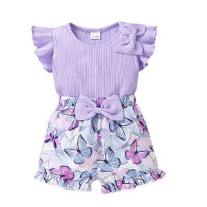 Shein girls 2‎ Piece Top and Shorts Butterfly Bow Set in Purple - Size 2-3